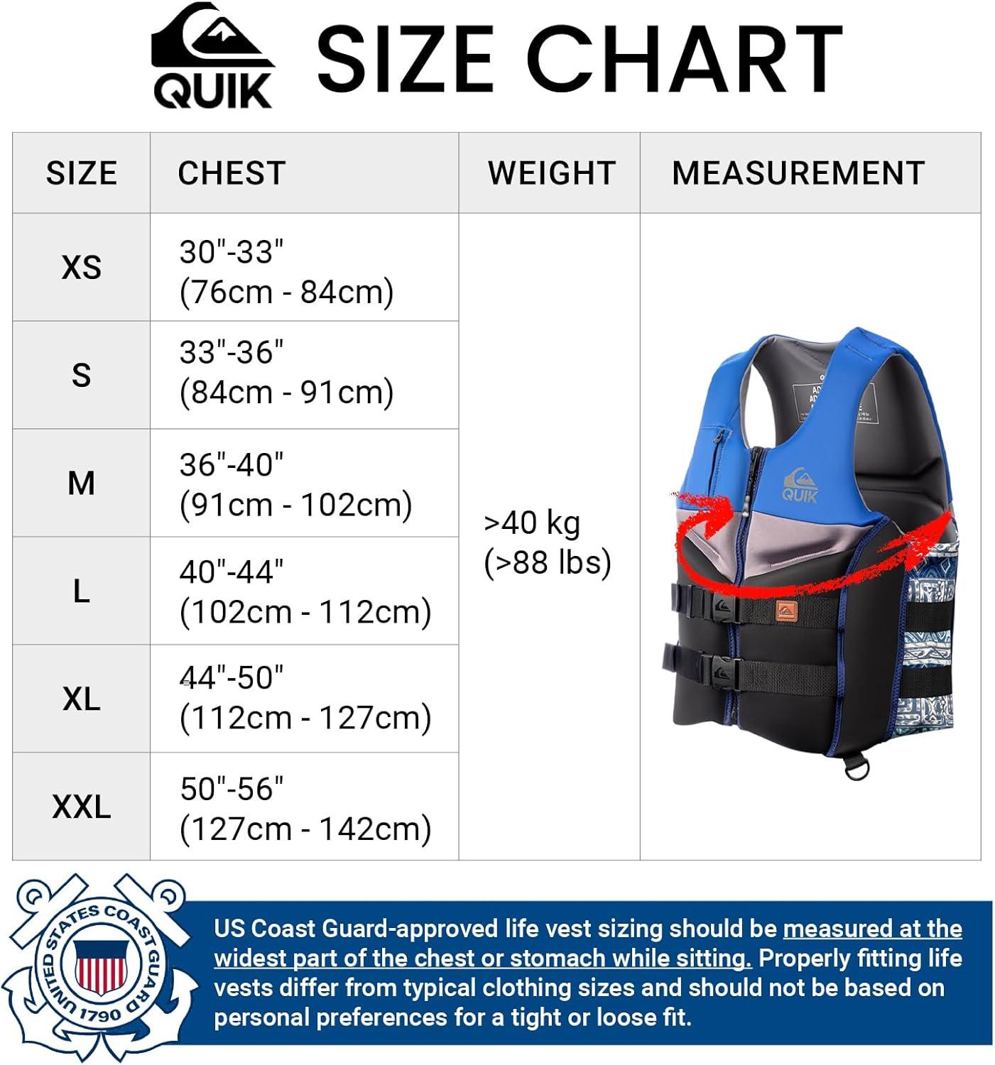imageQUIKSILVER Mens Life Vest USCG and Transport Canada Approved Type III PFD Evoprene Personal Flotation Device Level 70 Buoyancy Aid for Boating Kayaking Rafting SurfingLarge