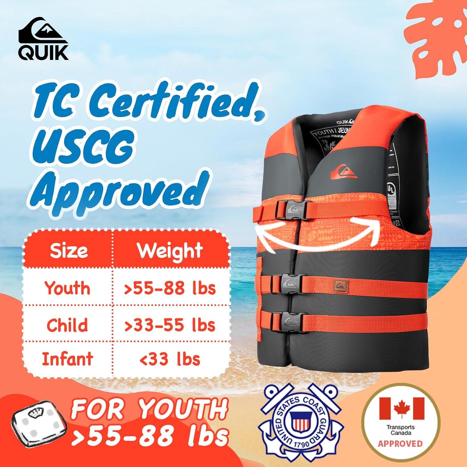 imageQUIKSILVER USCG Approved Life Jacket for YouthKidsInfant Lightweight EPE Foam Type III PFD with QuickRelease Buckles for Pool Lake Kayaking Boating SwimmingOrange