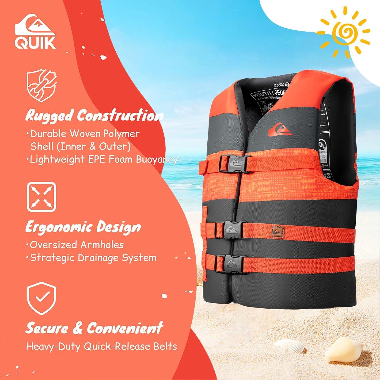 imageQUIKSILVER USCG Approved Life Jacket for YouthKidsInfant Lightweight EPE Foam Type III PFD with QuickRelease Buckles for Pool Lake Kayaking Boating SwimmingOrange