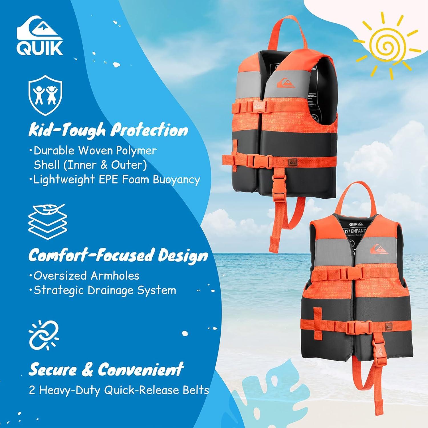 imageQUIKSILVER USCG Approved Life Jacket for YouthKidsInfant Lightweight EPE Foam Type III PFD with QuickRelease Buckles for Pool Lake Kayaking Boating SwimmingOrange
