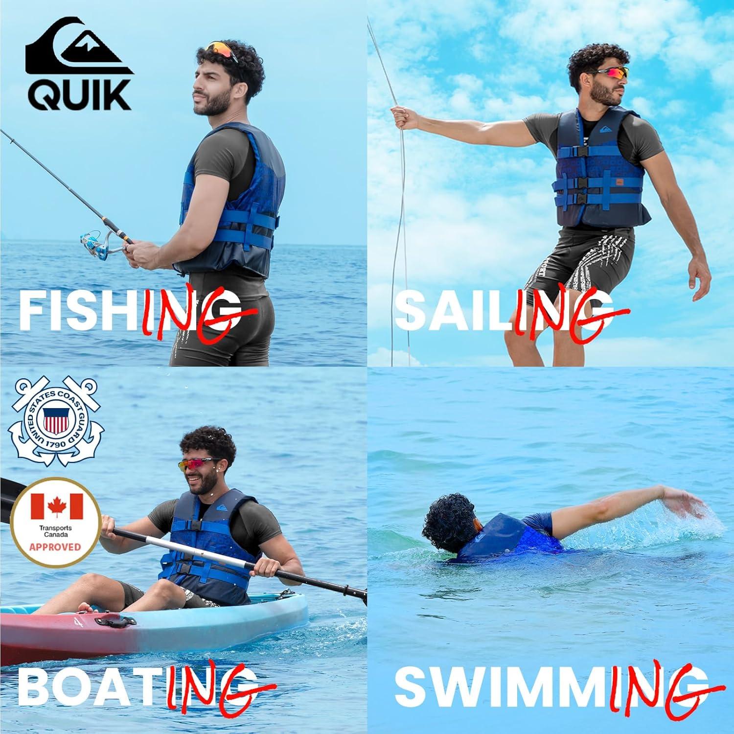 imageQUIKSILVER USCG Approved Mens Life Vest Type III PFD Lightweight EPE Foam Life Jackets with QuickRelease Buckles and Drain Holes for Fishing Boating and Kayaking WatersportsBlue