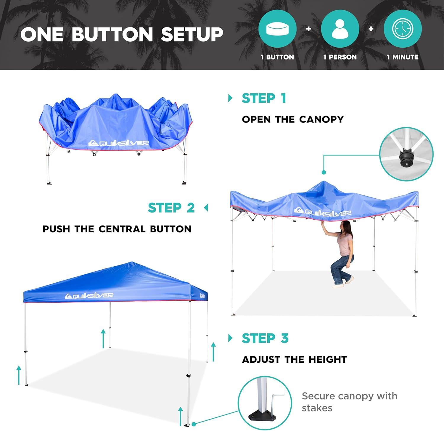 imageQuiksilver 10x10 Pop Up Canopy UPF 50 Outdoor Beach Tent with OnePush Setup Portable Shade Shelter for Beach Tailgate Festivals Camping WaterResistant Folding Gazebo with Wheeled BagSolid Blue