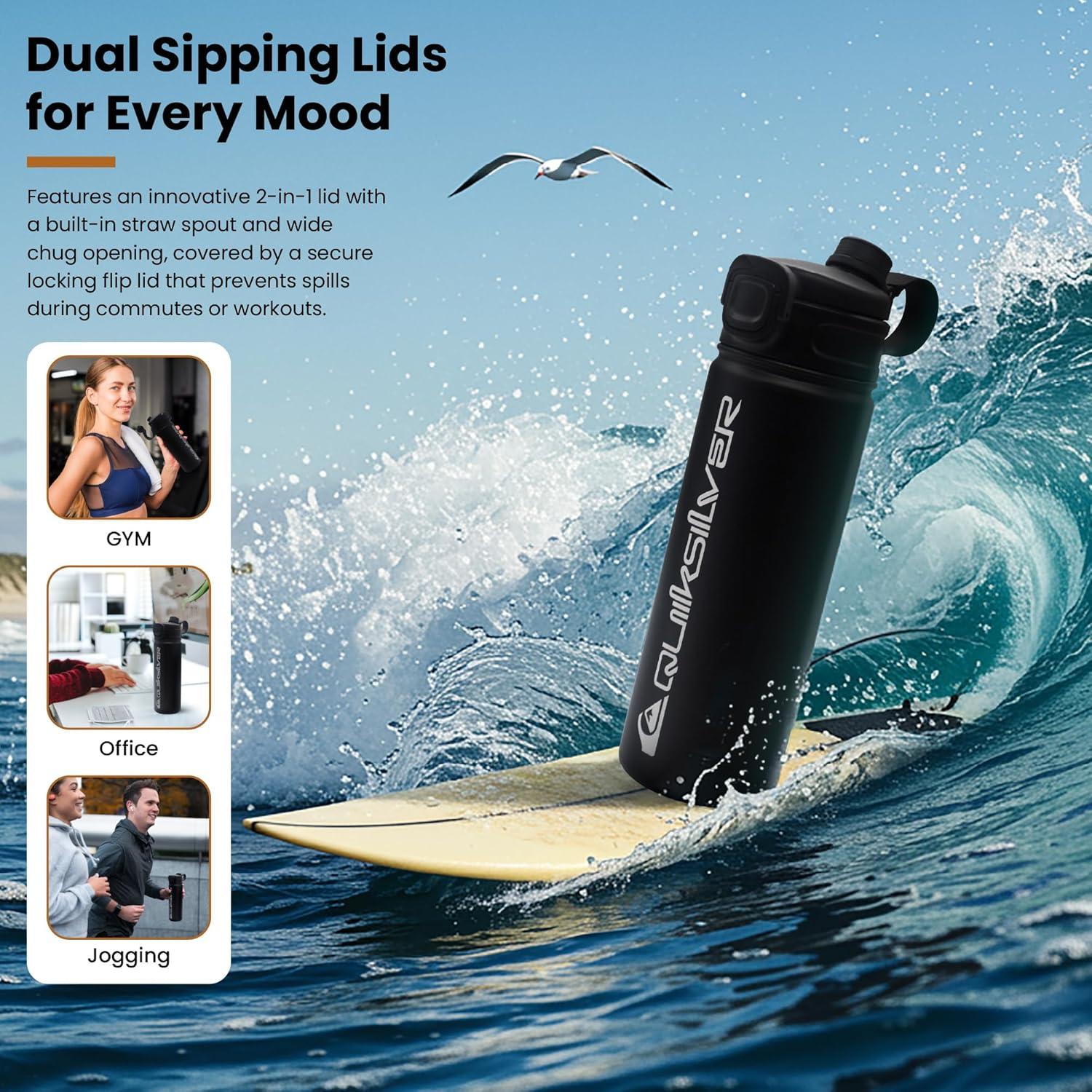 imageQuiksilver Laguna 24oz Tripple Wall Stainless Steel Water Bottle Reusuable Sports Bottle with LeakProof Straw and Spout Lid NonSlip Rubber Base Carrier Handle 24H Hot ampamp Cold Insulated TumblerBlack