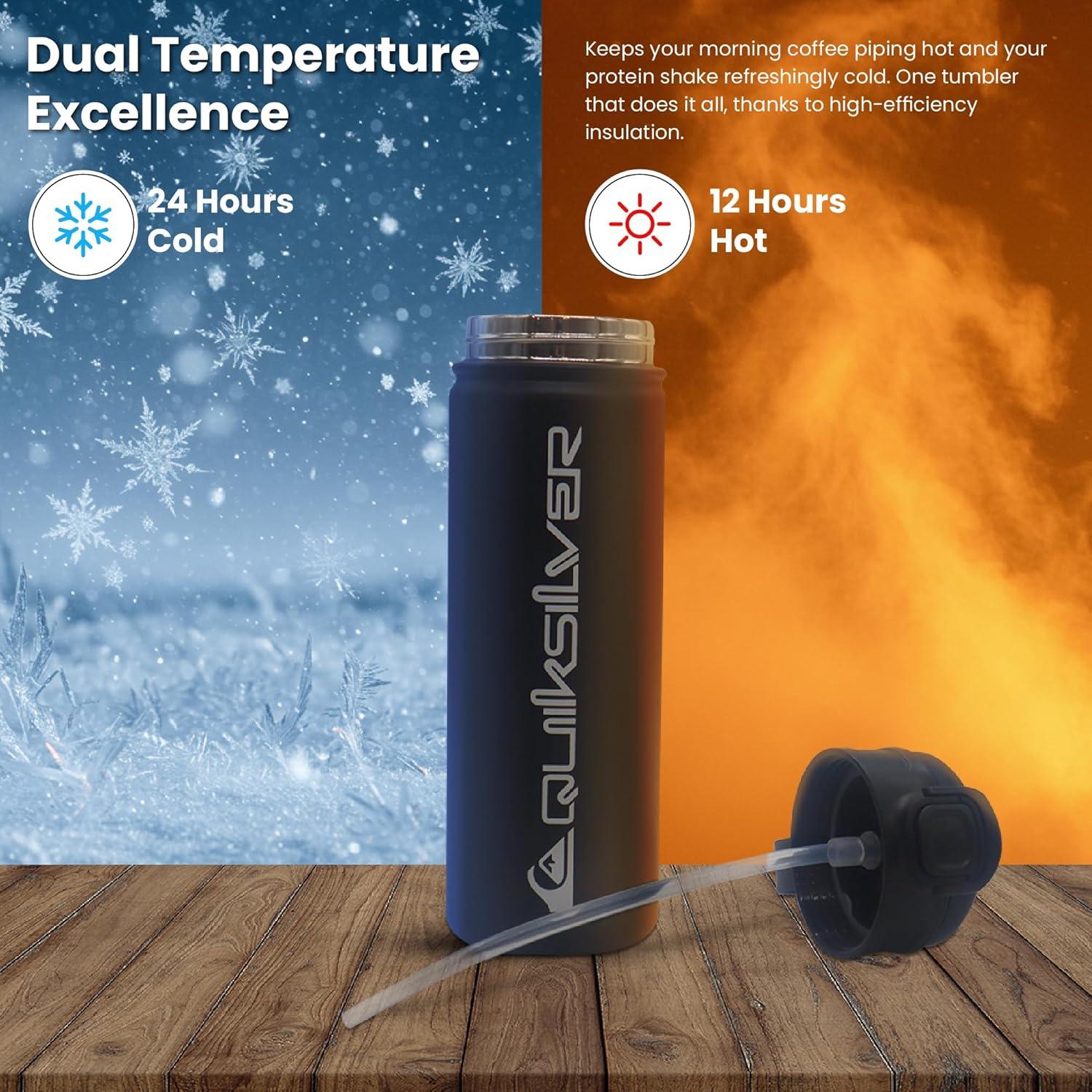 imageQuiksilver Laguna 24oz Tripple Wall Stainless Steel Water Bottle Reusuable Sports Bottle with LeakProof Straw and Spout Lid NonSlip Rubber Base Carrier Handle 24H Hot ampamp Cold Insulated TumblerBlack