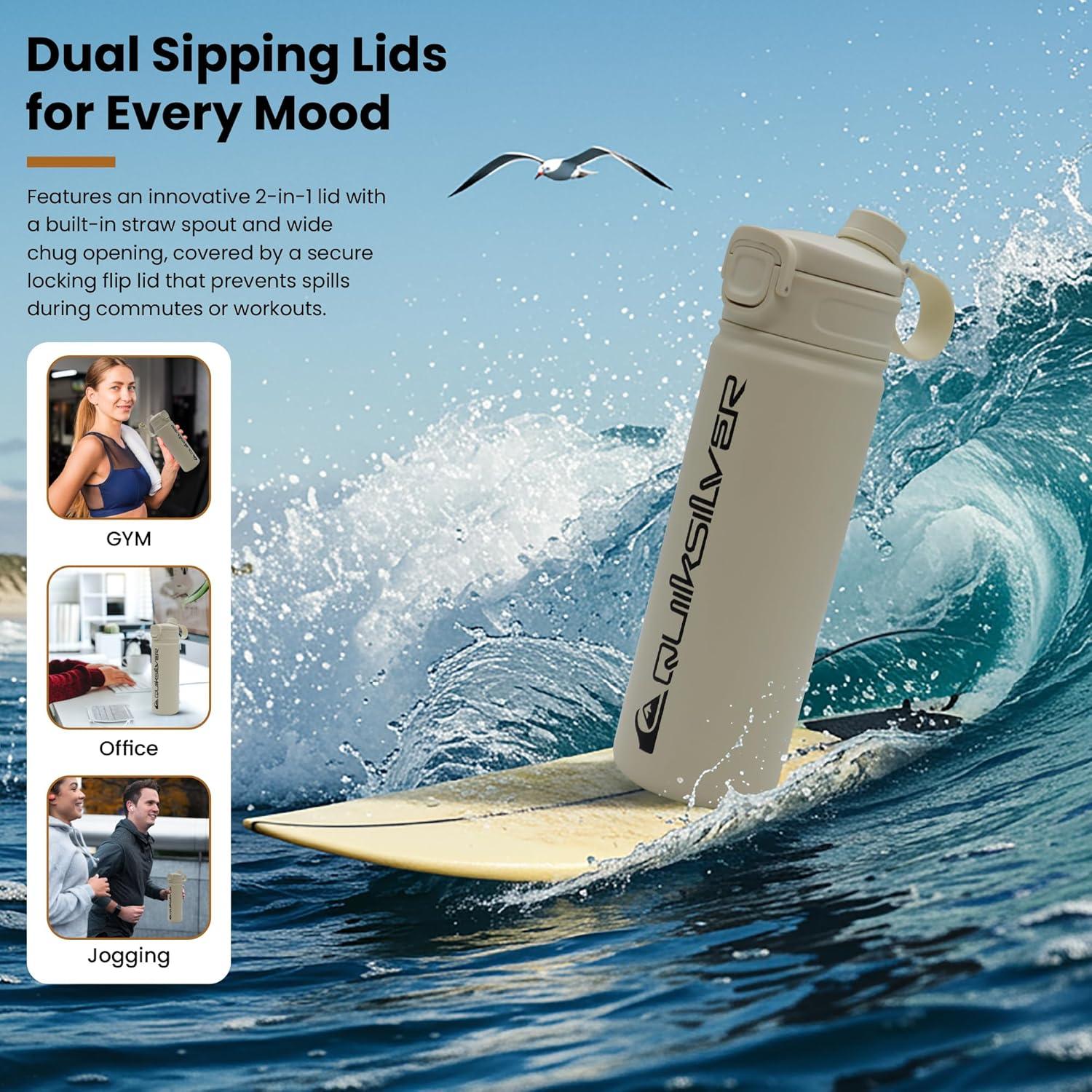 imageQuiksilver Laguna 24oz Tripple Wall Stainless Steel Water Bottle Reusuable Sports Bottle with LeakProof Straw and Spout Lid NonSlip Rubber Base Carrier Handle 24H Hot ampamp Cold Insulated TumblerSnow