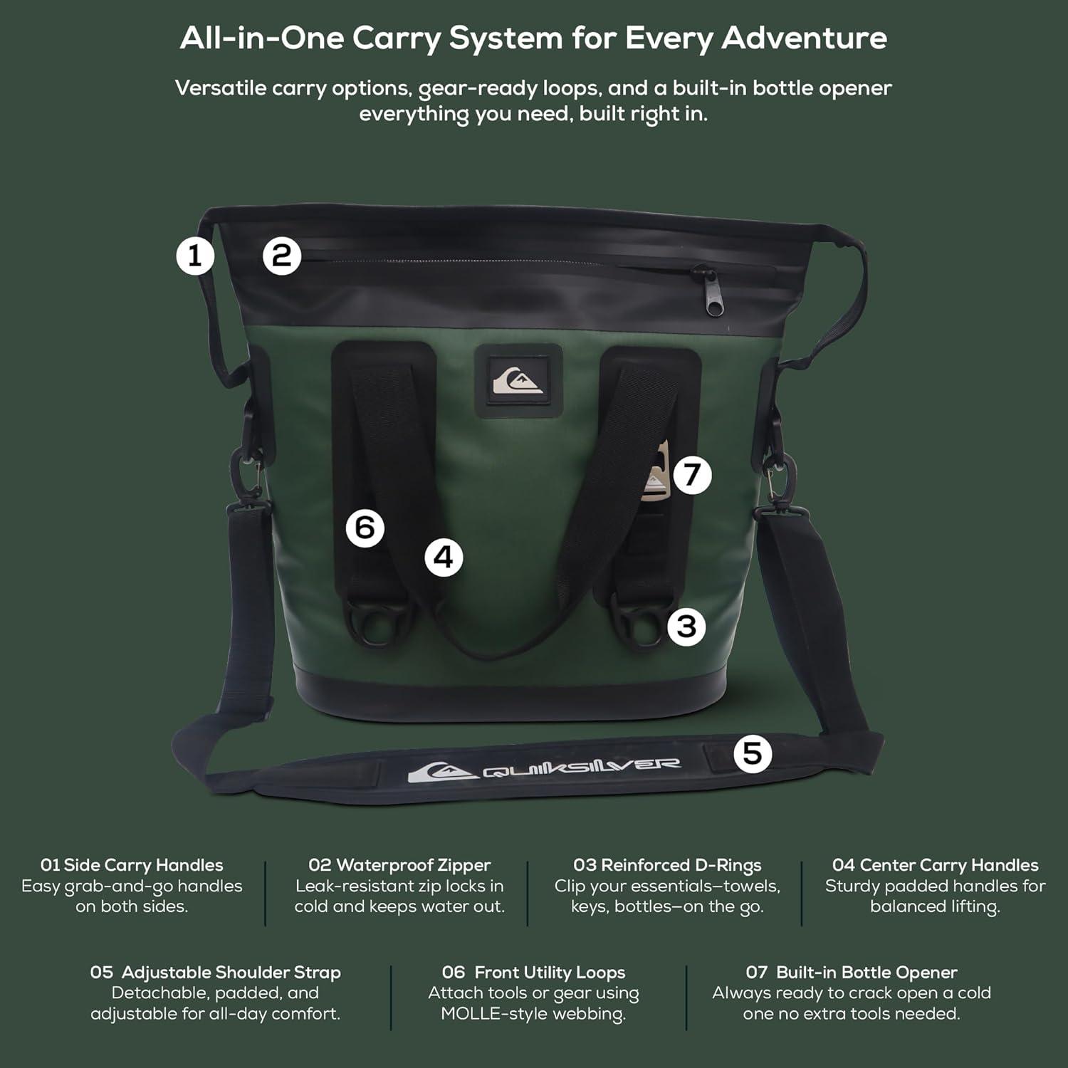 imageQuiksilver Tote Insulated Cooler Bag Large Soft Cooler with IPX7 Waterproof Zipper Leakproof Tote Cooler Bags Insulated for Travel Grocery Beach Picnic Outdoor UseTrekking Green