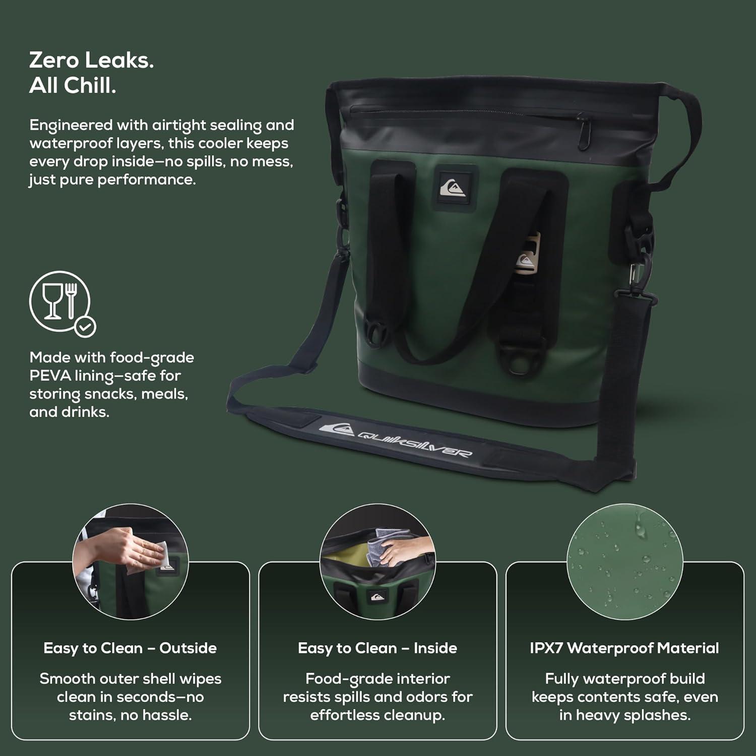 imageQuiksilver Tote Insulated Cooler Bag Large Soft Cooler with IPX7 Waterproof Zipper Leakproof Tote Cooler Bags Insulated for Travel Grocery Beach Picnic Outdoor UseTrekking Green