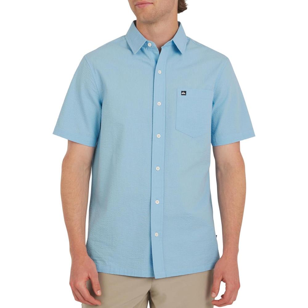 imageQuiksilver Mens Regular Fit Premium Cotton Short Sleeve Button Down Seersucker ShirtLight Blue