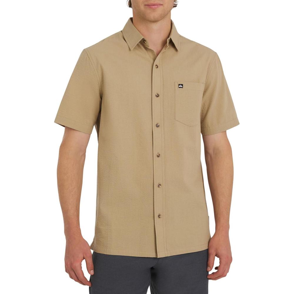 imageQuiksilver Mens Regular Fit Premium Cotton Short Sleeve Button Down Seersucker ShirtVinatge Khaki
