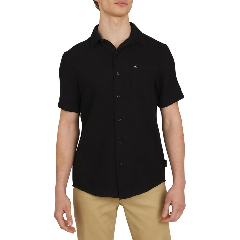 imageQuiksilver Mens Regular Fit Premium Cotton Short Sleeve Button Up Waffle Woven ShirtBlack