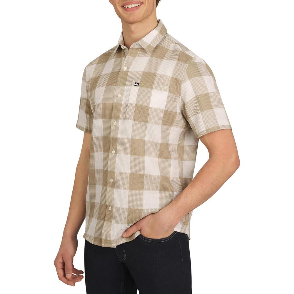 imageQuiksilver Mens Regular Fit Premium Cotton Short Sleeve Button Up Waffle Woven ShirtWhite
