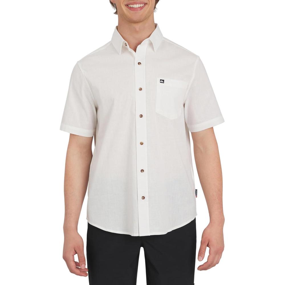 imageQuiksilver Mens Regular Fit Premium Cotton Woven Short Sleeve Button Up Casual ShirtOffwhite