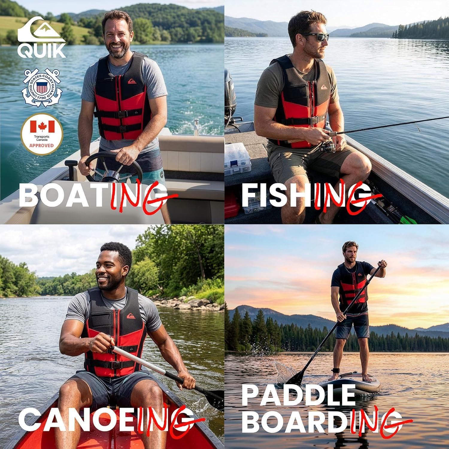 image:imageQUIKSILVER Mens Life Jacket USCG and Transport Canada Approved Type III PFD Evoprene UV Resistant Life Vest for Adults for Waterskiing Wakeboarding Rafting Boating Paddleboarding WatersportsRed