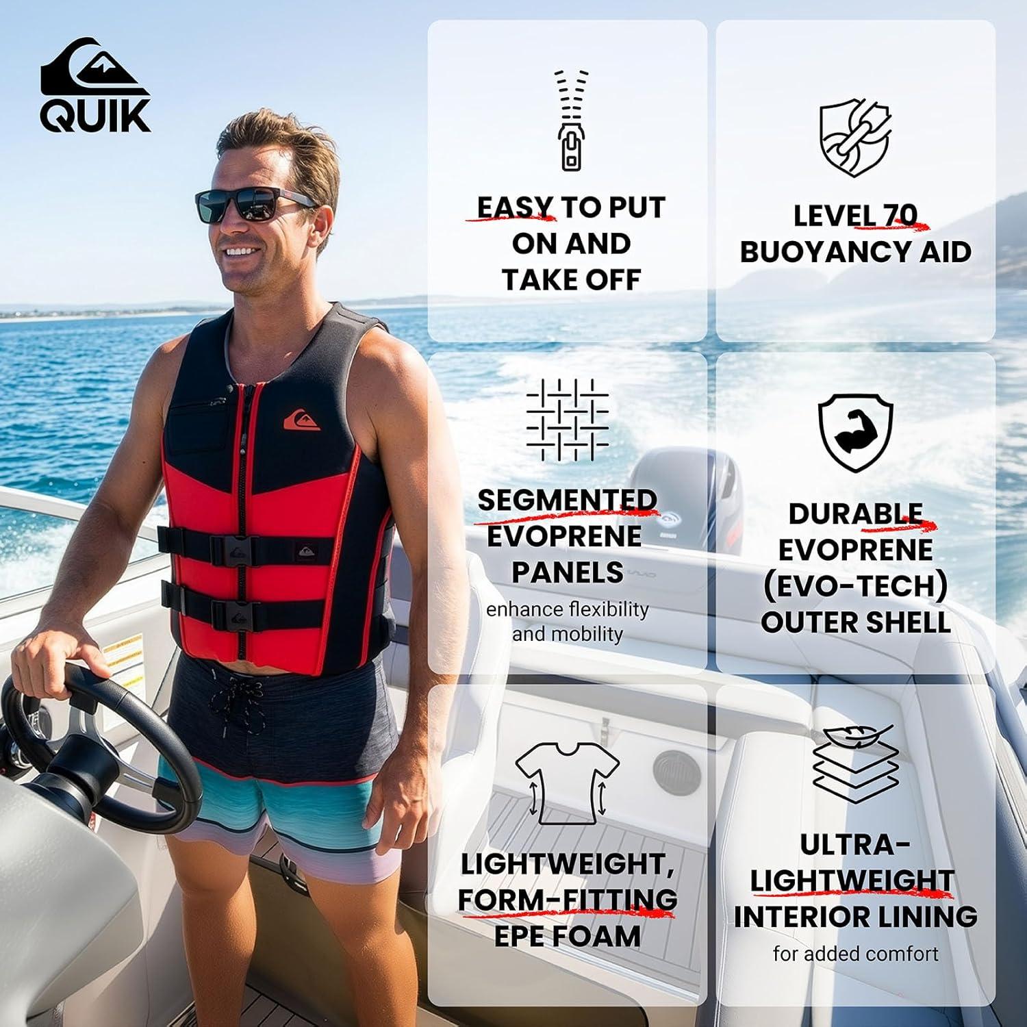 image:imageQUIKSILVER Mens Life Jacket USCG and Transport Canada Approved Type III PFD Evoprene UV Resistant Life Vest for Adults for Waterskiing Wakeboarding Rafting Boating Paddleboarding WatersportsRed