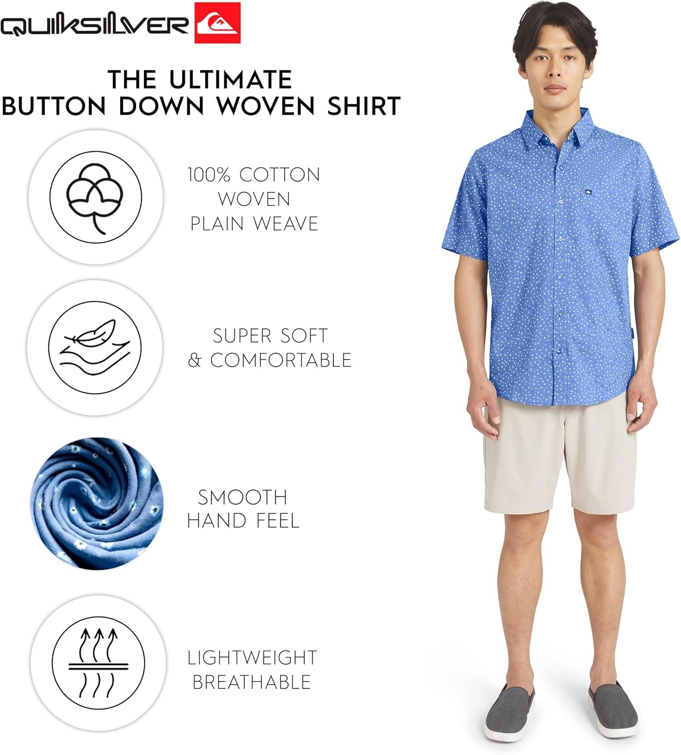image:imageQuiksilver Mens Regular Fit Premium Soft Cotton Short Sleeve Button Down Woven ShirtVintage Indigo