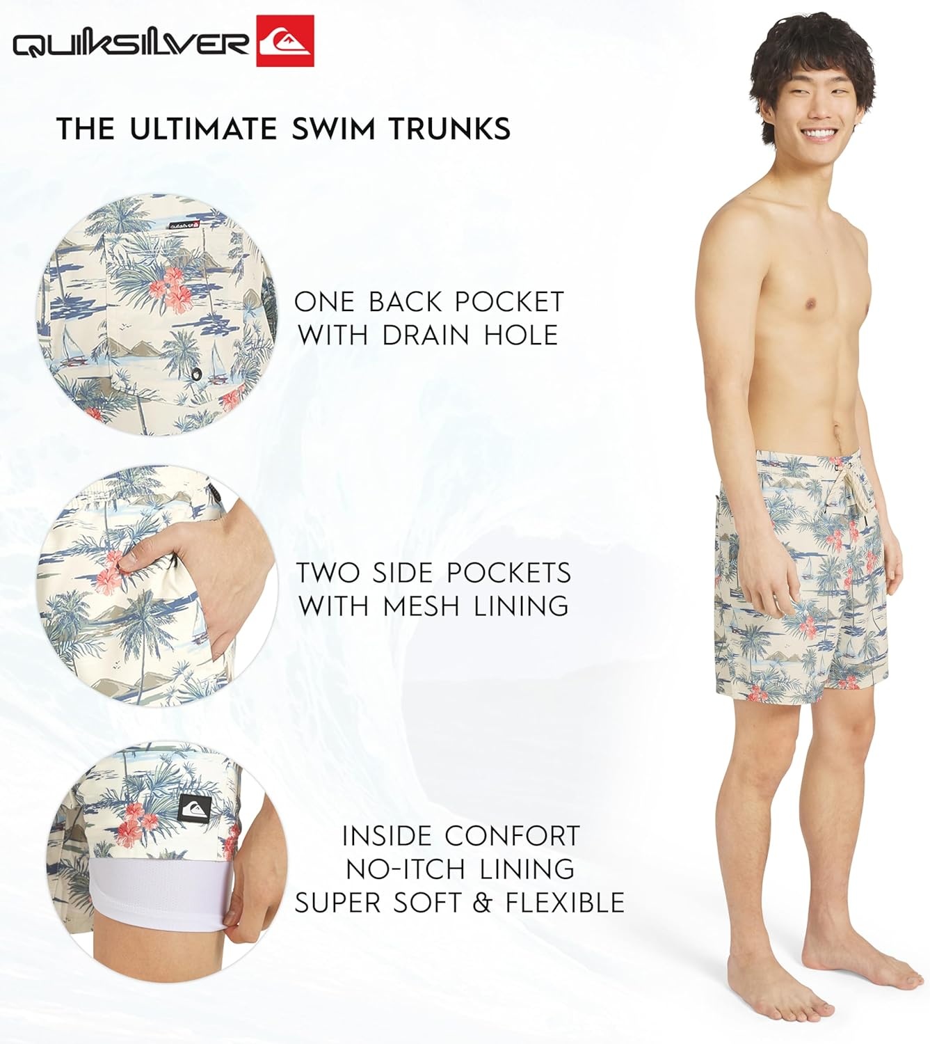 image:imageQuiksilver Mens Swimwear Regular Fit Stretchable Comfort Liner Swim Trunks SXXLFloral Design Bone White