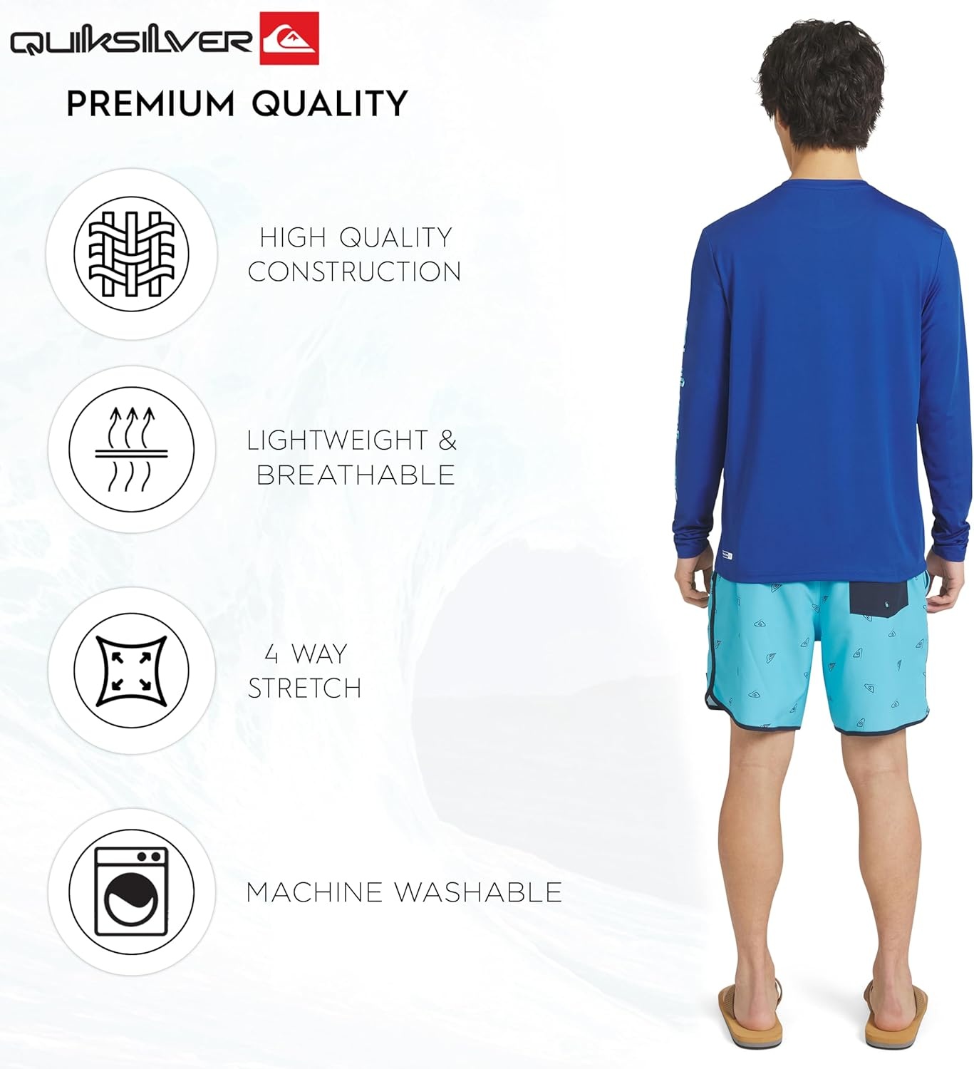image:imageQuiksilver Mens Swimwear Regular Fit UPF 50 Long Sleeve Sun Tee Rash Guard Shirt SXXLBlue Quartz