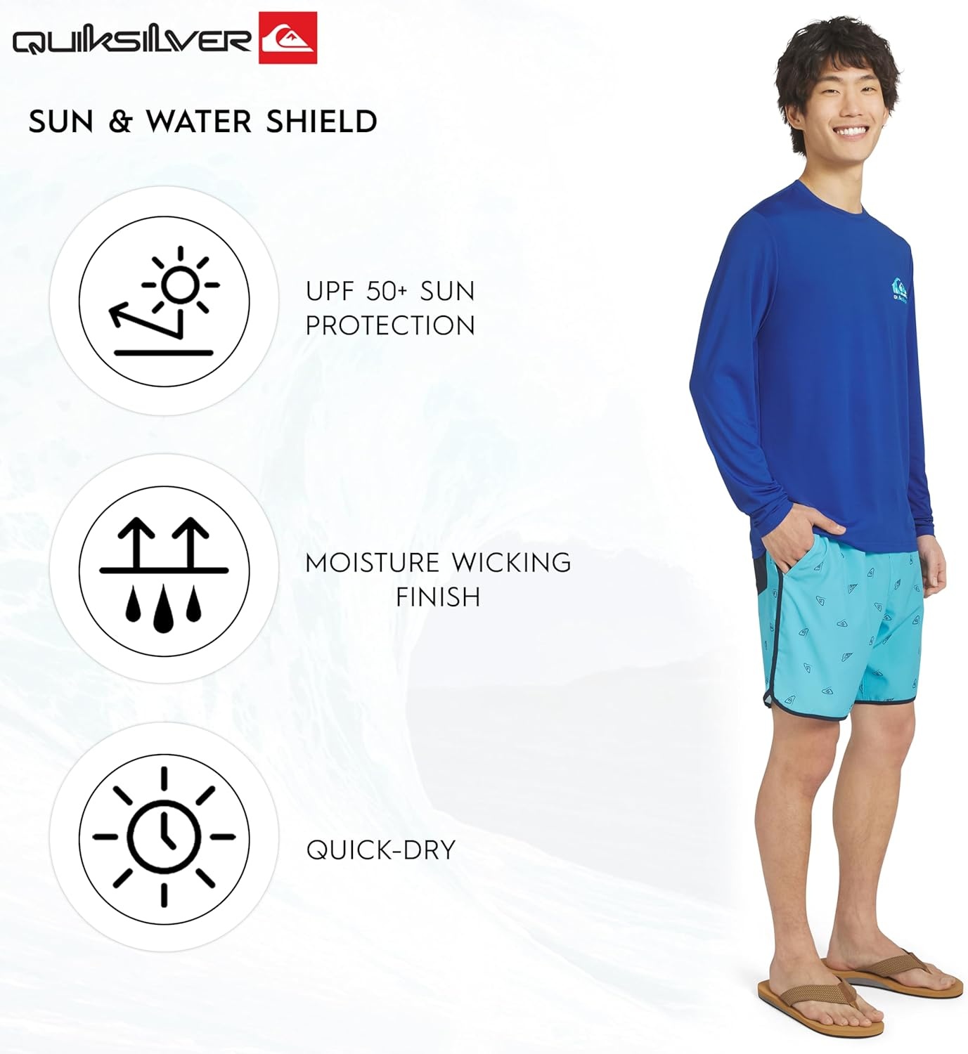 image:imageQuiksilver Mens Swimwear Regular Fit UPF 50 Long Sleeve Sun Tee Rash Guard Shirt SXXLBlue Quartz