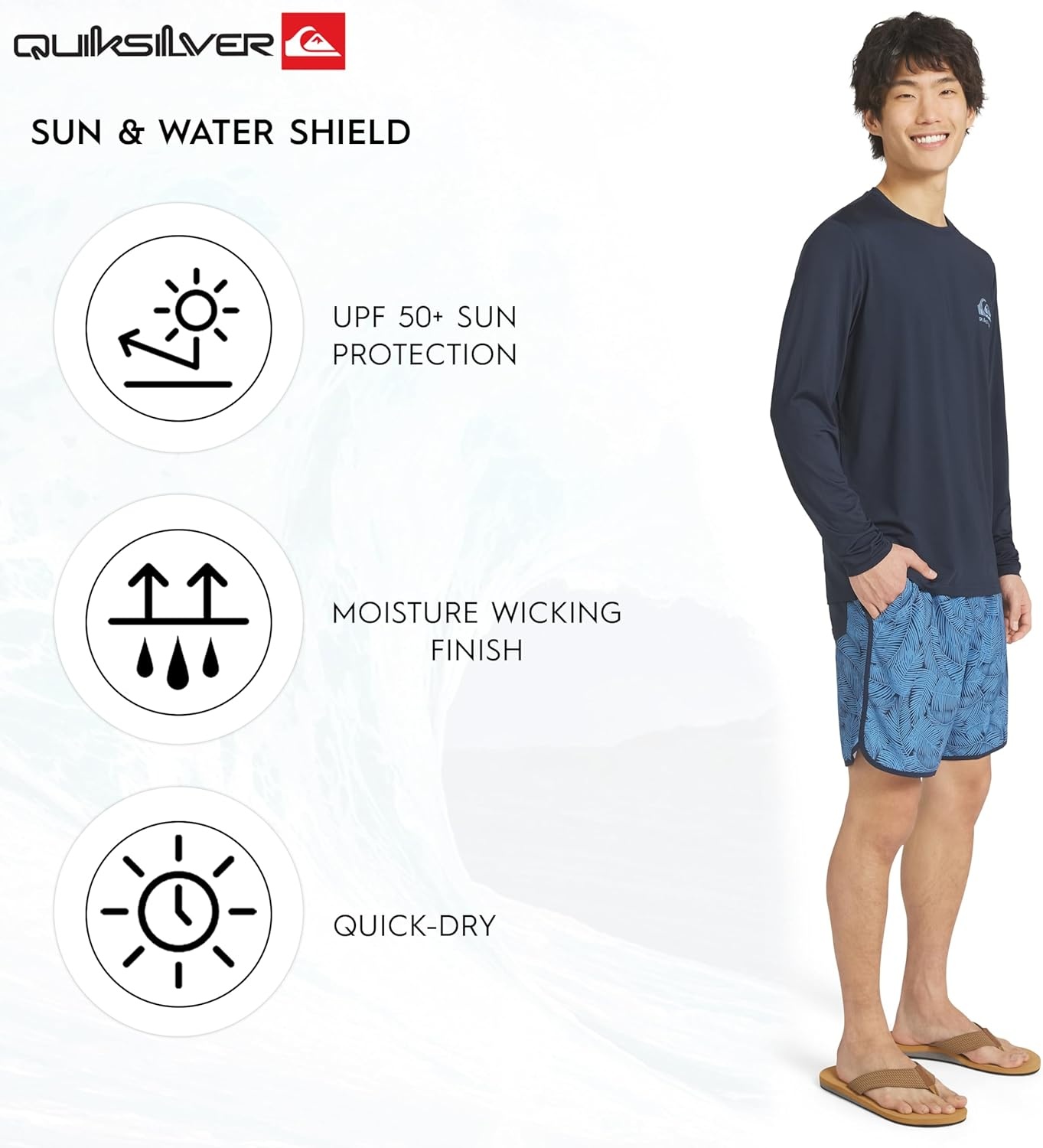 image:imageQuiksilver Mens Swimwear Regular Fit UPF 50 Long Sleeve Sun Tee Rash Guard Shirt SXXLTotal Eclipse